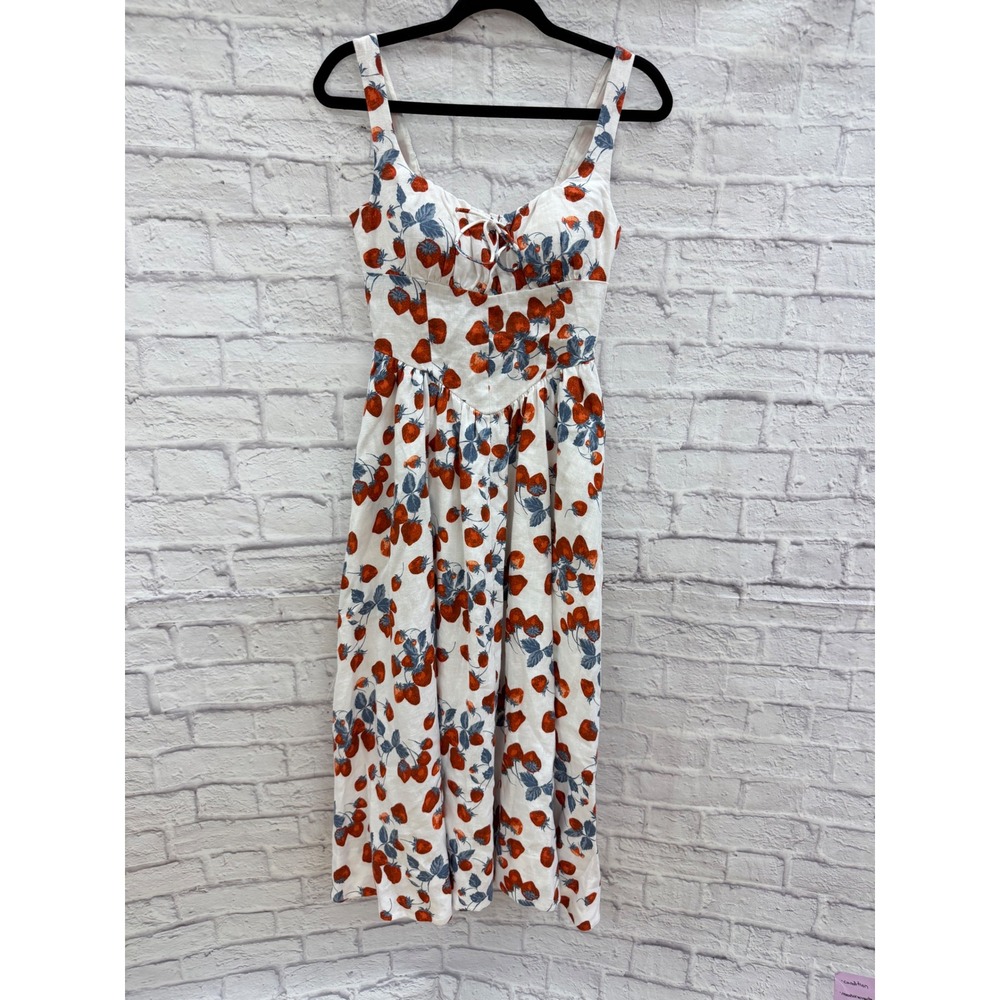 Reformation Balia Linen Strawberry Print Basque Waist Midi Dress White Red Sz 2 - Picture 8 of 16